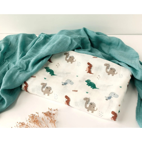 Kiokids Μουσελίνα Bamboo Dinos 120x120εκ. Σετ 2τμχ.