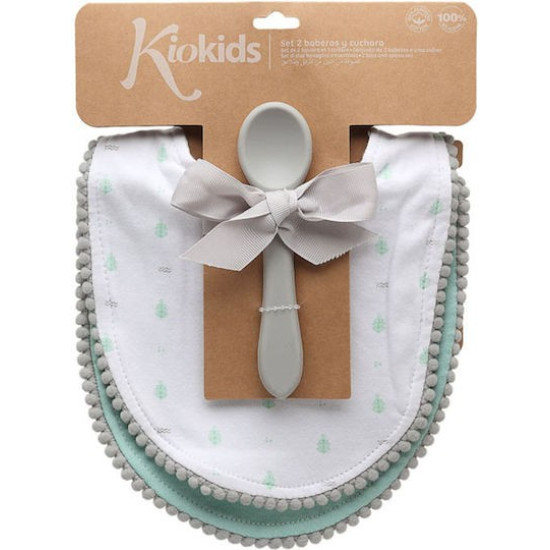 Kiokids Σετ Σαλιάρες & Κουτάλι Σιλικόνης Μέντα 4m+