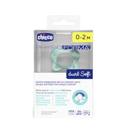 Chicco Πιπίλα Physio Dual Soft Όλο Σιλικόνη με Θήκη 0-2Μ, Πράσινη